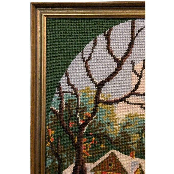 Vintage Framed Needlepoint Cross Stitch Winter Scene With Horse & Cottage - Picture 9 of 14